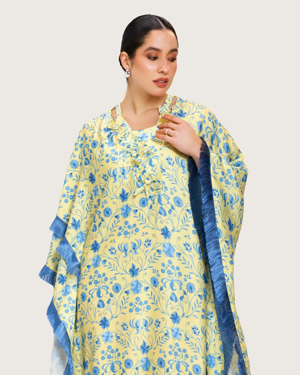 Yellow Satin Printed Dress with Fringes & 3D Floral Details - Image 10