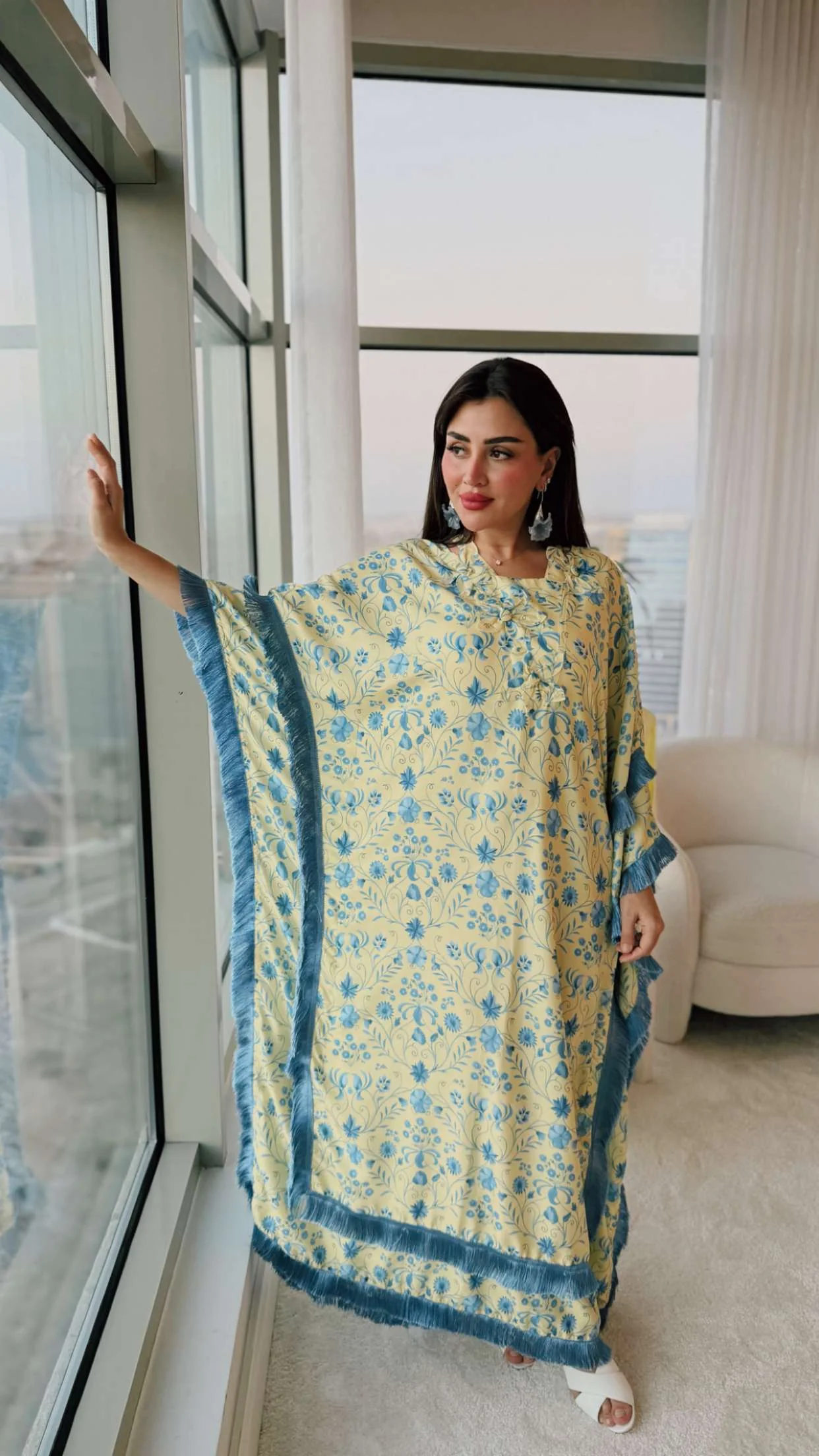Yellow Satin Printed Dress with Fringes & 3D Floral Details - Image 3