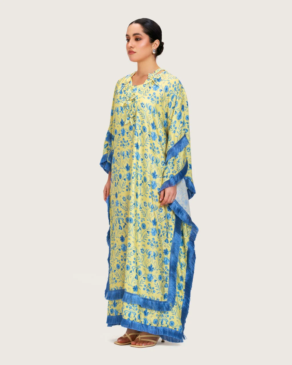Yellow Satin Printed Dress with Fringes & 3D Floral Details - Image 4