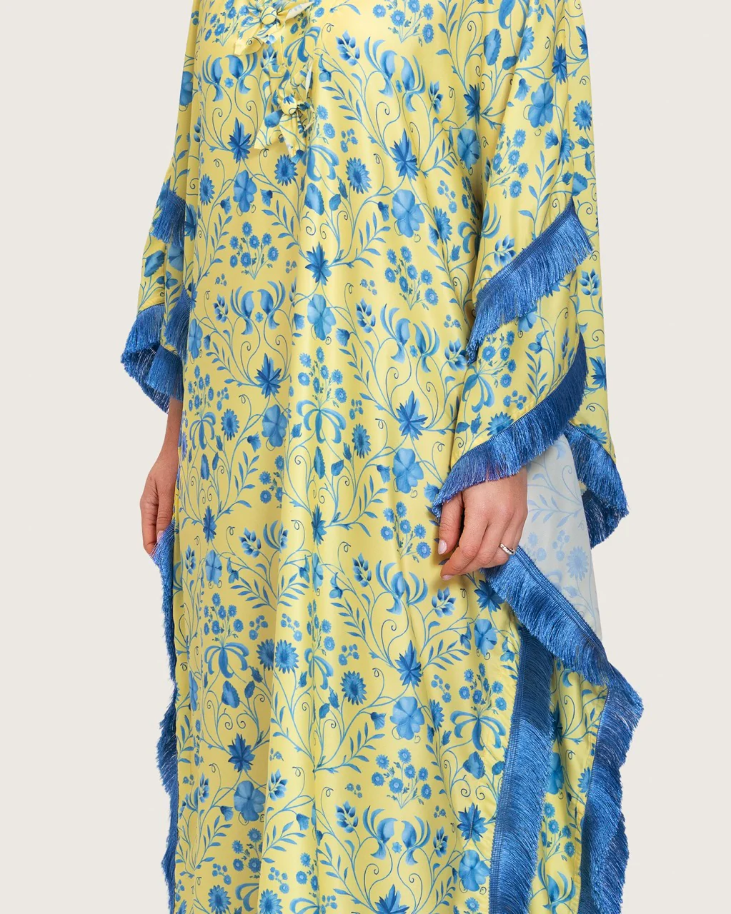 Yellow Satin Printed Dress with Fringes & 3D Floral Details - Image 5