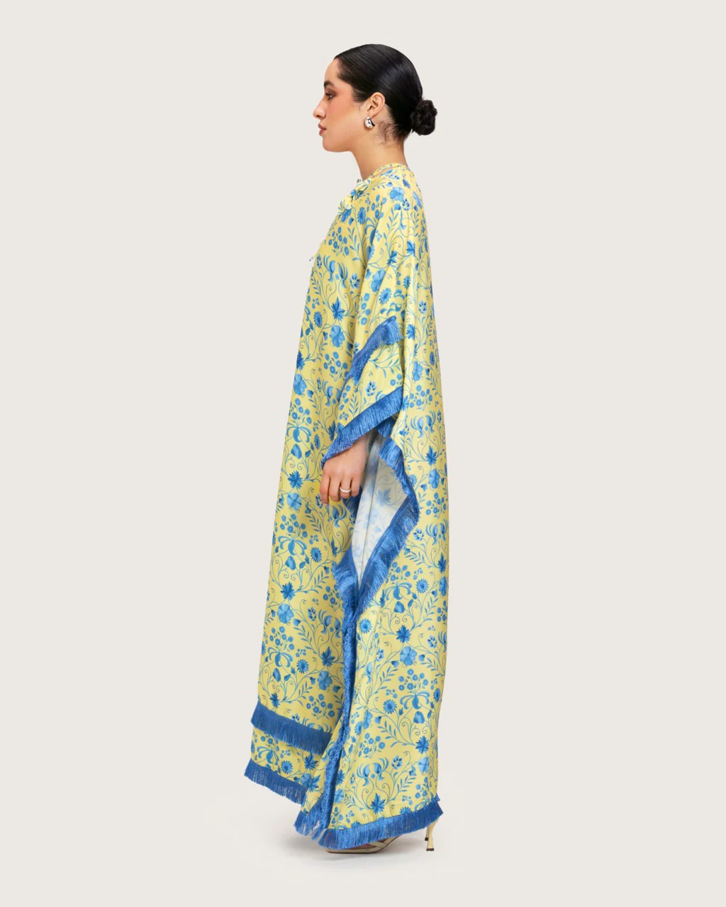 Yellow Satin Printed Dress with Fringes & 3D Floral Details - Image 6