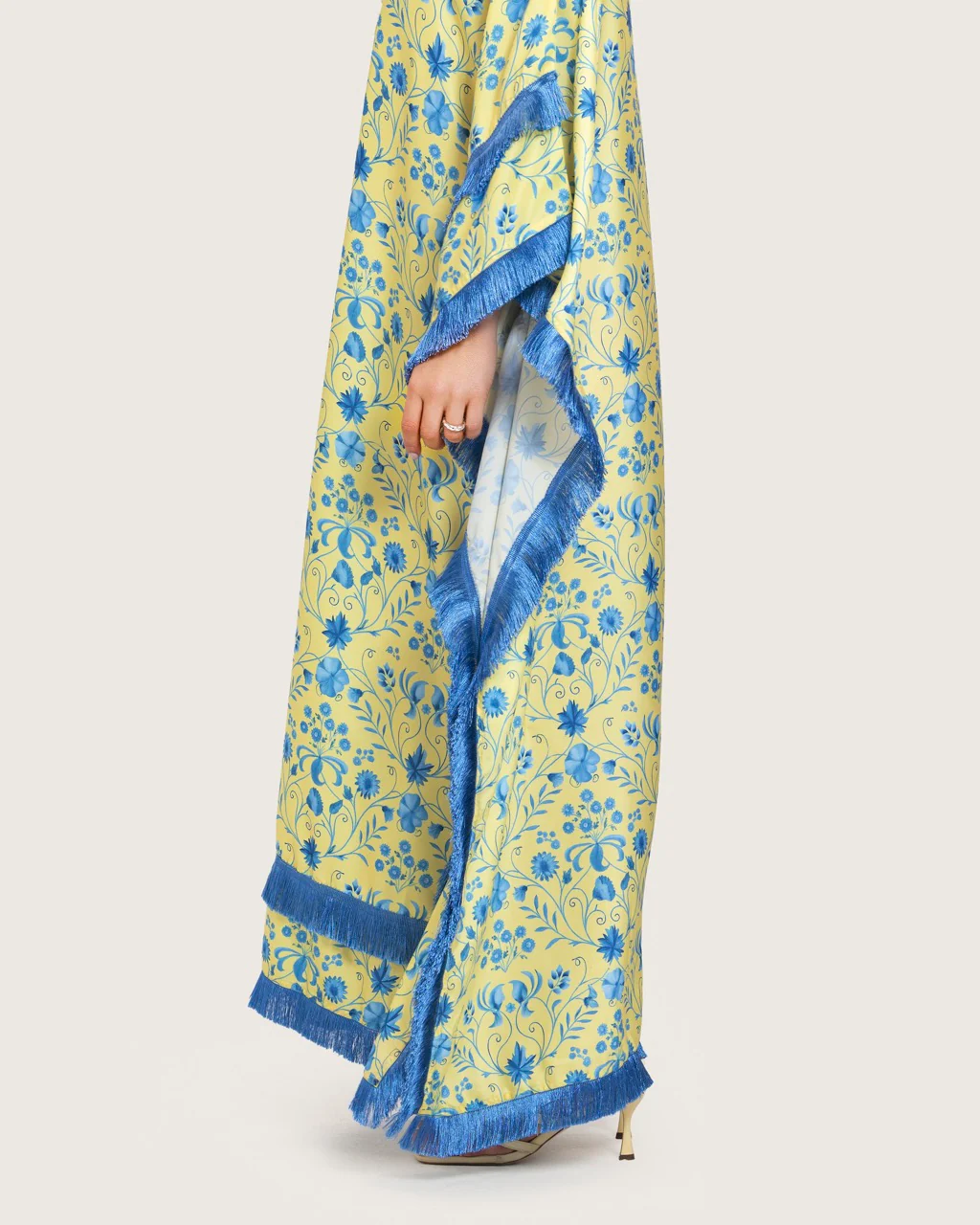 Yellow Satin Printed Dress with Fringes & 3D Floral Details - Image 7