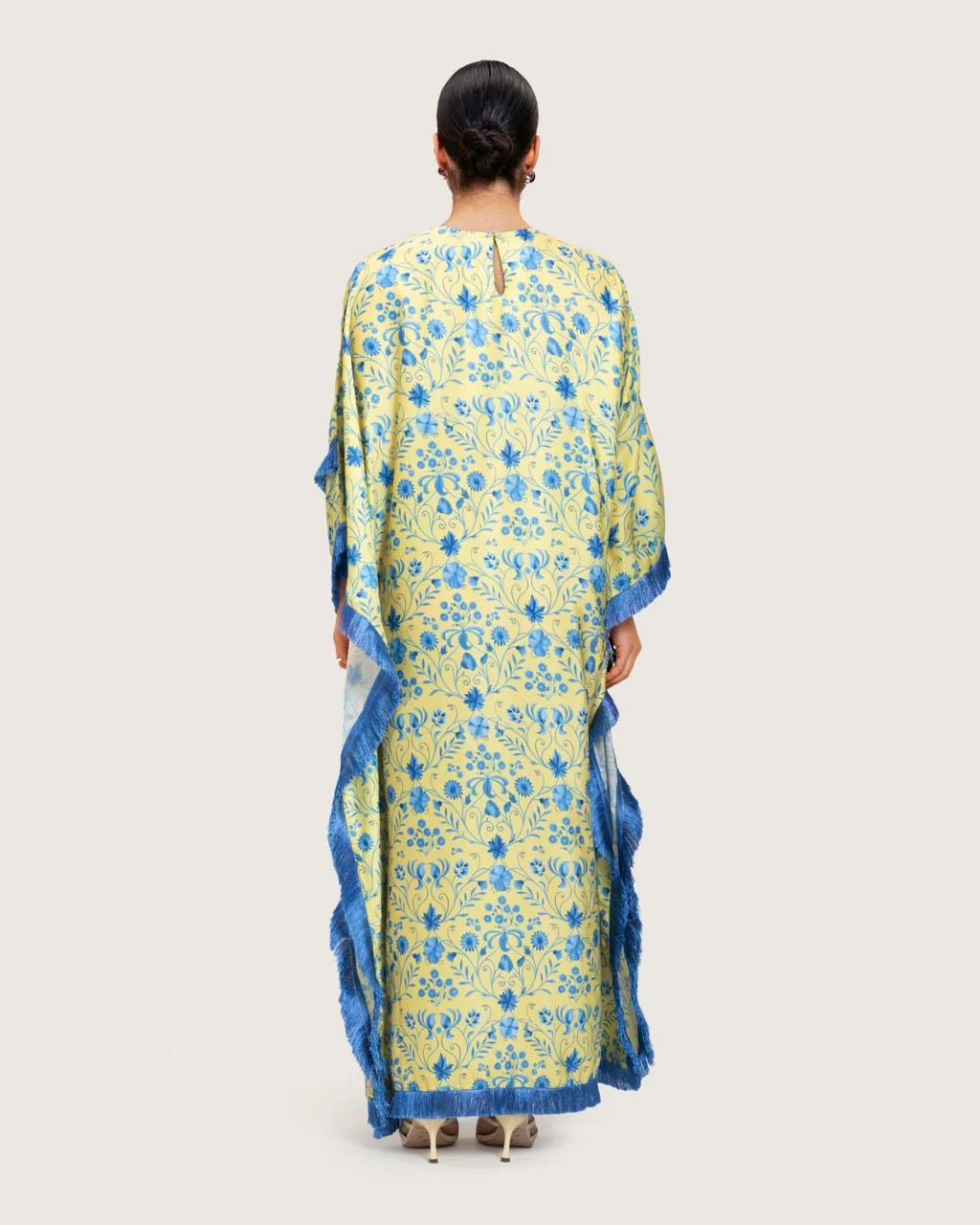 Yellow Satin Printed Dress with Fringes & 3D Floral Details - Image 8