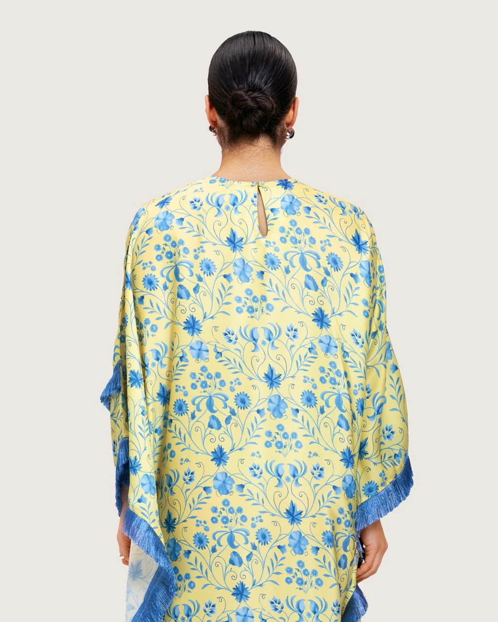 Yellow Satin Printed Dress with Fringes & 3D Floral Details - Image 9